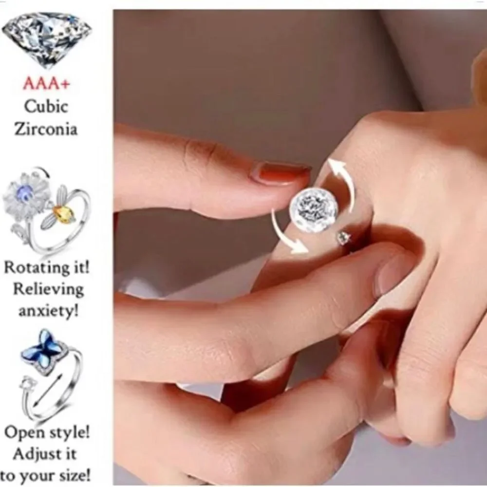 Silver cubic zirconia flower bee fidget ring size 8